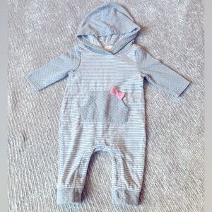 Baby Girl Jumpsuit Romper Stripes Polka Dots Pink Bow Hood Size 0-3 Months